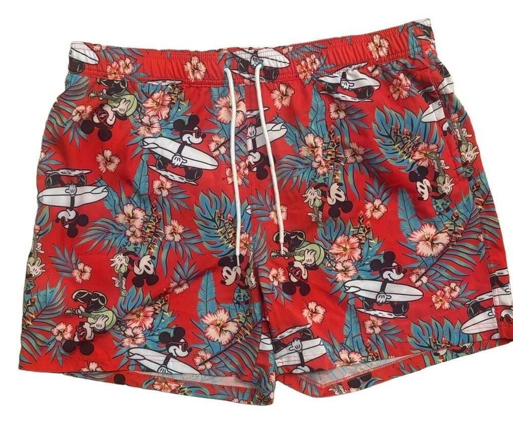 Disney Mickey Mouse Surfboard Hawaiian Swim Shorts Red Tropical Floral Resort XL